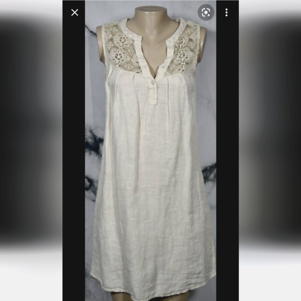 Stella Rosa (Size S) Linen & Crochet Print Button V-Neck Cut (Italy Made) Dress